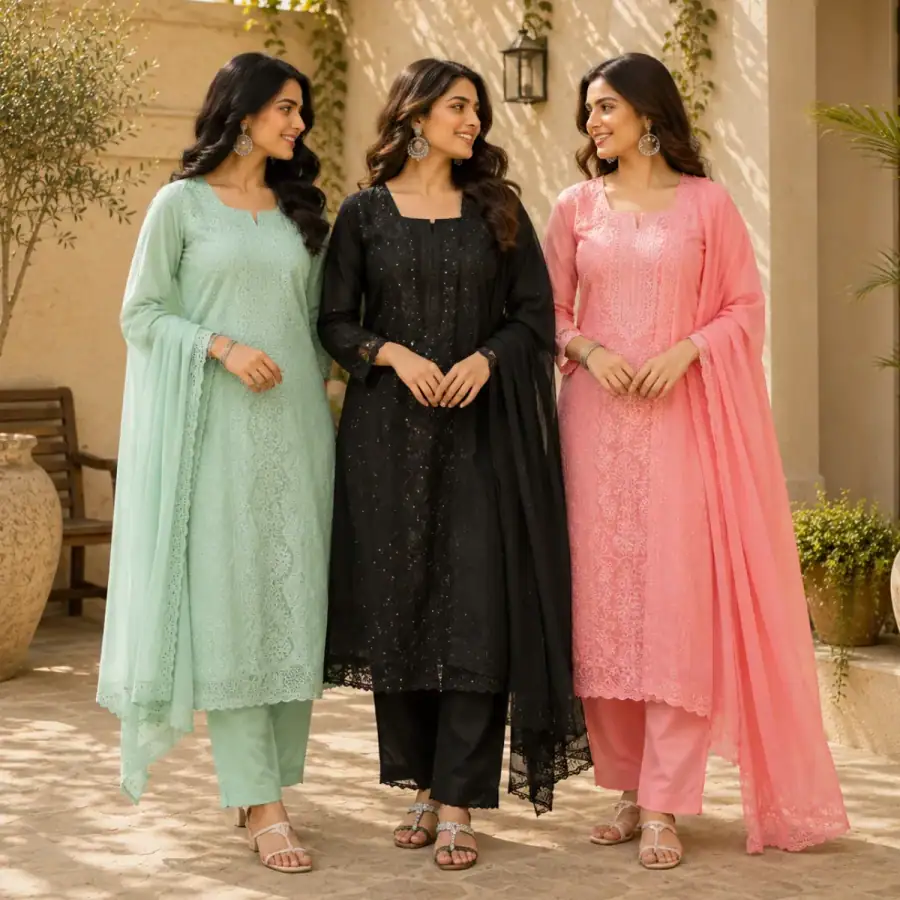 3 Women's Embroidered Kurta Set with Dupatta ( E7 ) in As shown in photos