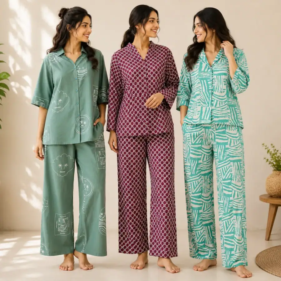 3 Printed Cotton Nightwear Set ( P5 ) in As shown in photos