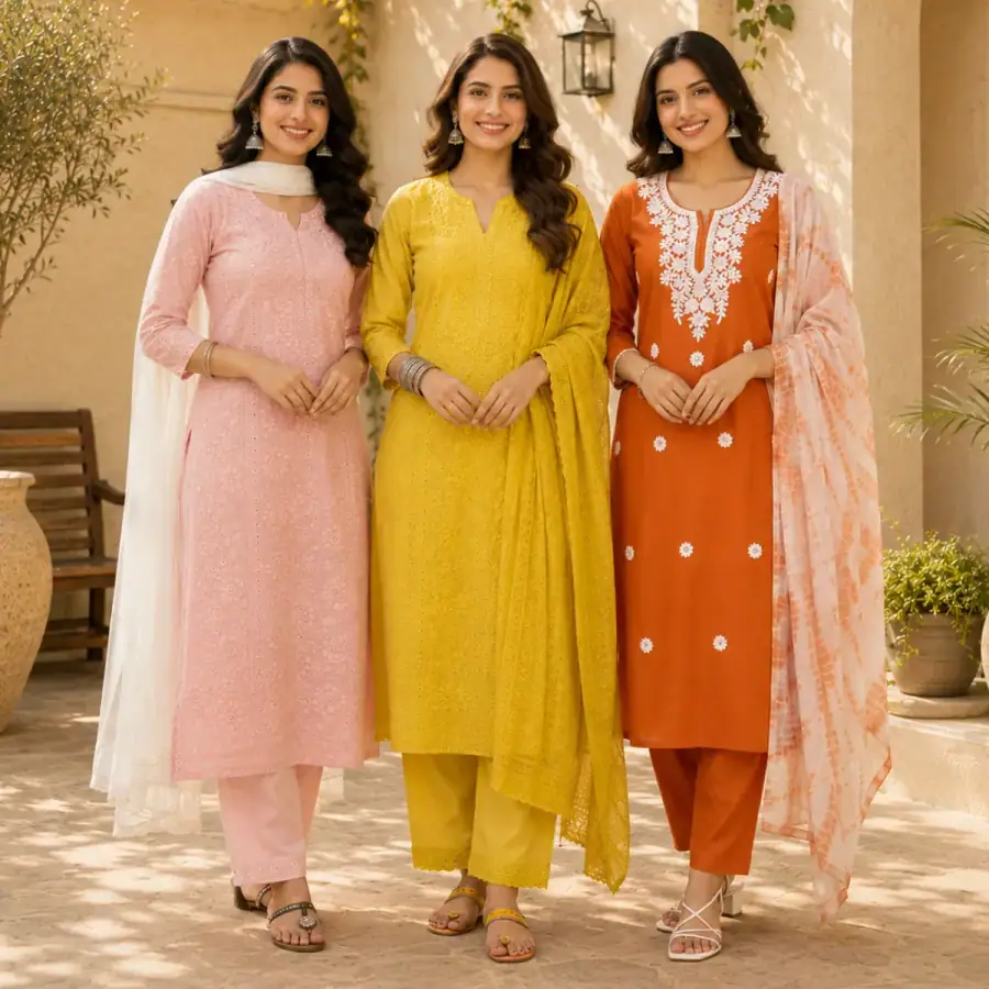 3 Women's Embroidered Kurta Set with Dupatta ( E6 ) in As shown in photos