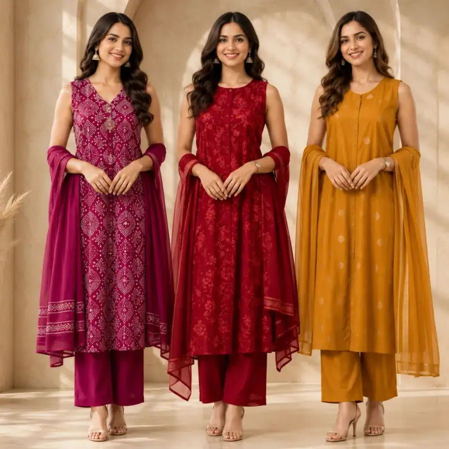 3 Women's Kurta Set with Dupatta | Comfortable Fit ( KS1 ) in As shown in photos